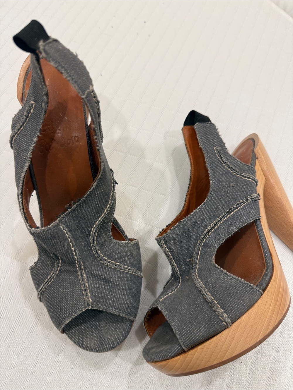 Lanvin Gray Denim Cutout Slingback Platform Heels with Wood-Look Heel